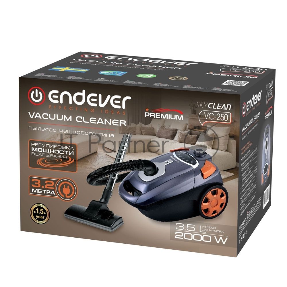 Пылесос Endever SkyClean VC-250 фиолетово-серый/оранжевый, 450/2000 Вт, уборка сухая, пылесборник мешок 3,5 л