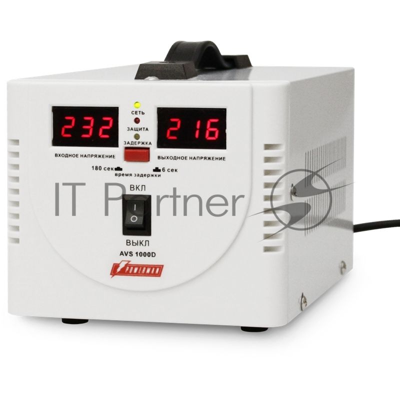 Стабилизатор напряжения Powerman AVS-D Voltage Regulator 1000VA, Digital Indication, 2x Schuko Outlets, 1m Power Cord, 230V, 1 year warranty, белый