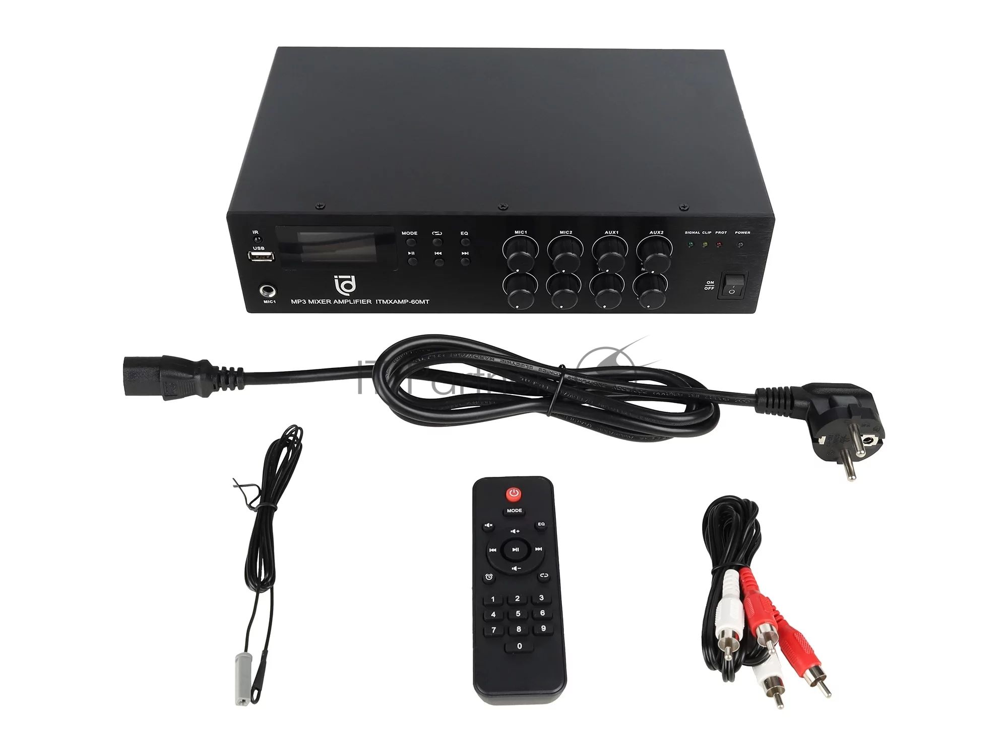 Микшер-усилитель Intrend ITMXAMP-60MT MP3, FM тюнер, USB, Bluetooth, 2хMic/3хLine входы, 1хLine выход,60 Вт, 4/8Ом/100V, IR-пульт в комплекте