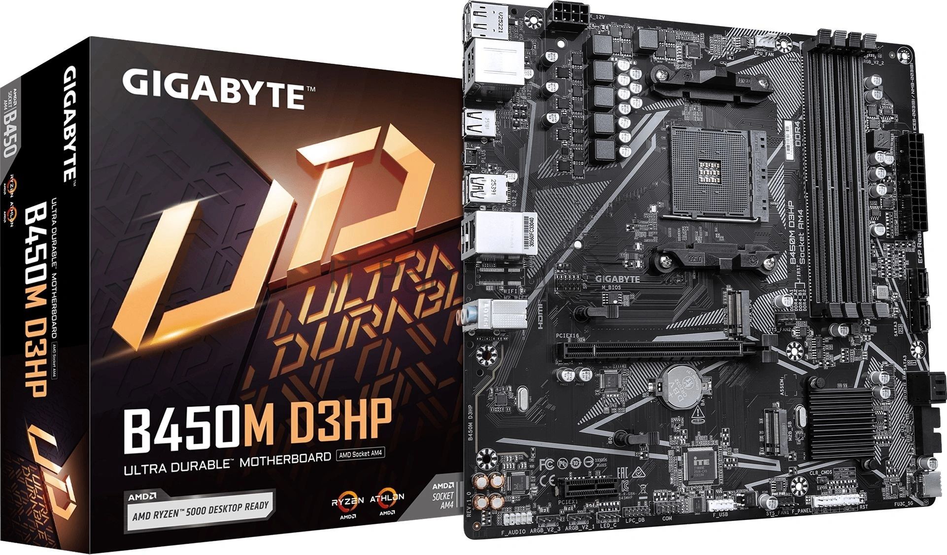 Материнская плата Gigabyte B450M D3HP, AM4, AMD B450, 4xDDR4, 4xSATA, 2xM.2, 1xPCIe 3.0 x16, 1xPCIe 2.0 x1, 1xDisplayPort, 2xHDMI, 1x 1Gb LAN, 4xUSB 3.2 Gen 1, 3xUSB 2.0, 3x3.5 мм, 7.1, microATX