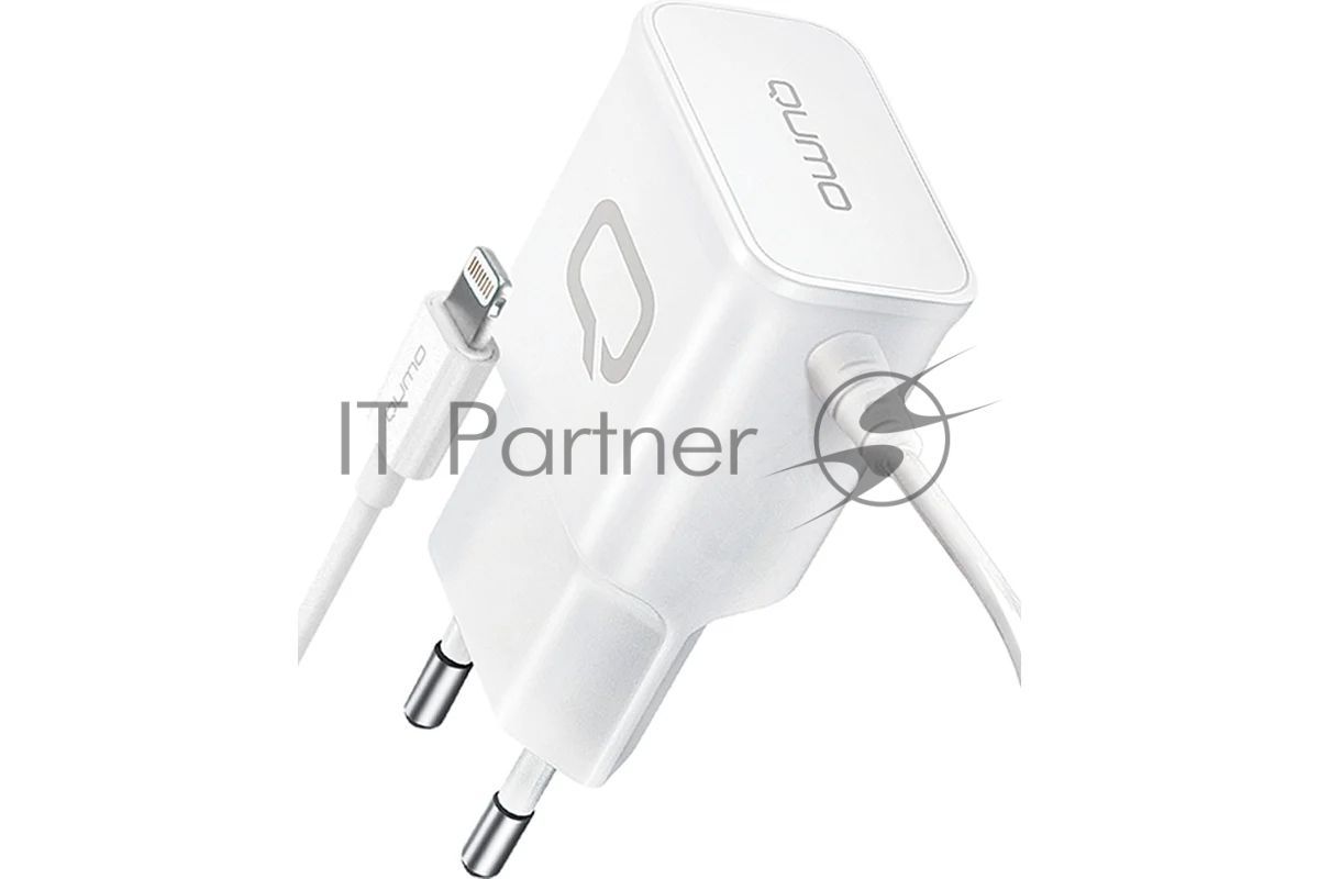 Сетевое зарядное устройство Qumo Energy (Charger 0026) 2.1A, встроенный кабель Lightning 8 Pin, белый