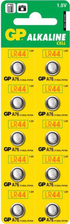 Алкалиновые пуговичные батарейки GP A76 (A76FRA-2C10250/5000) 10шт на отрывном блистере