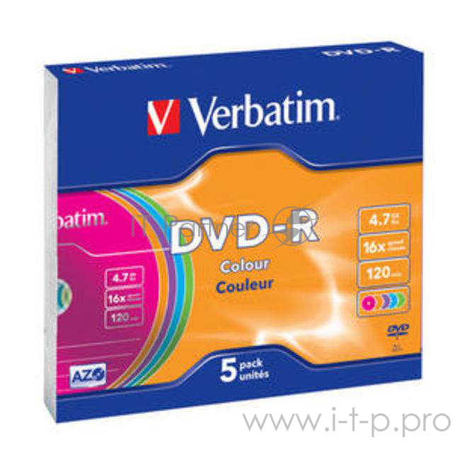 Диск DVD-R Verbatim 4.7Gb 16x Slim Color (5шт) 43557