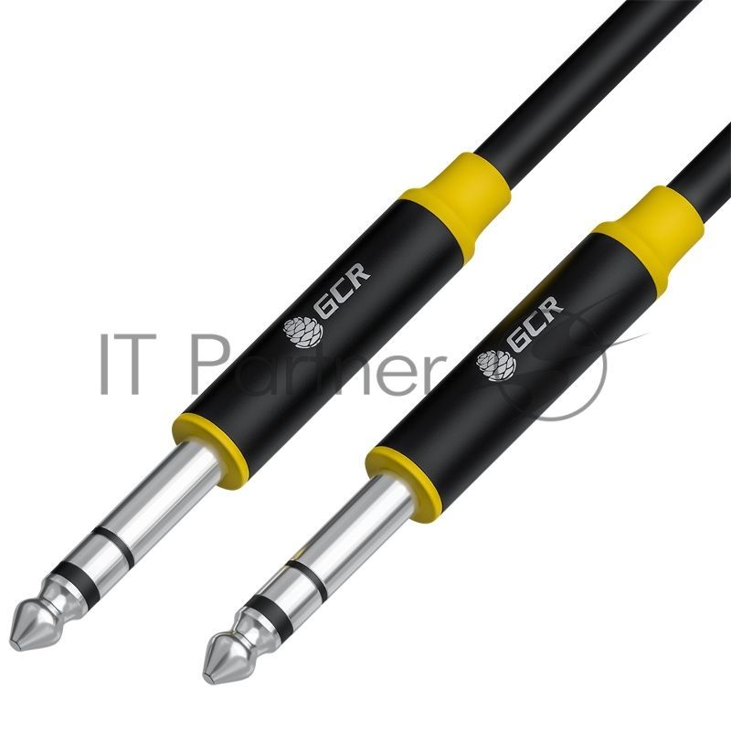 Кабель GCR 3.0m аудио STEREO jack 6,35mm/jack 6,35mm черный, AL case черный, желтая окантовка, M/M