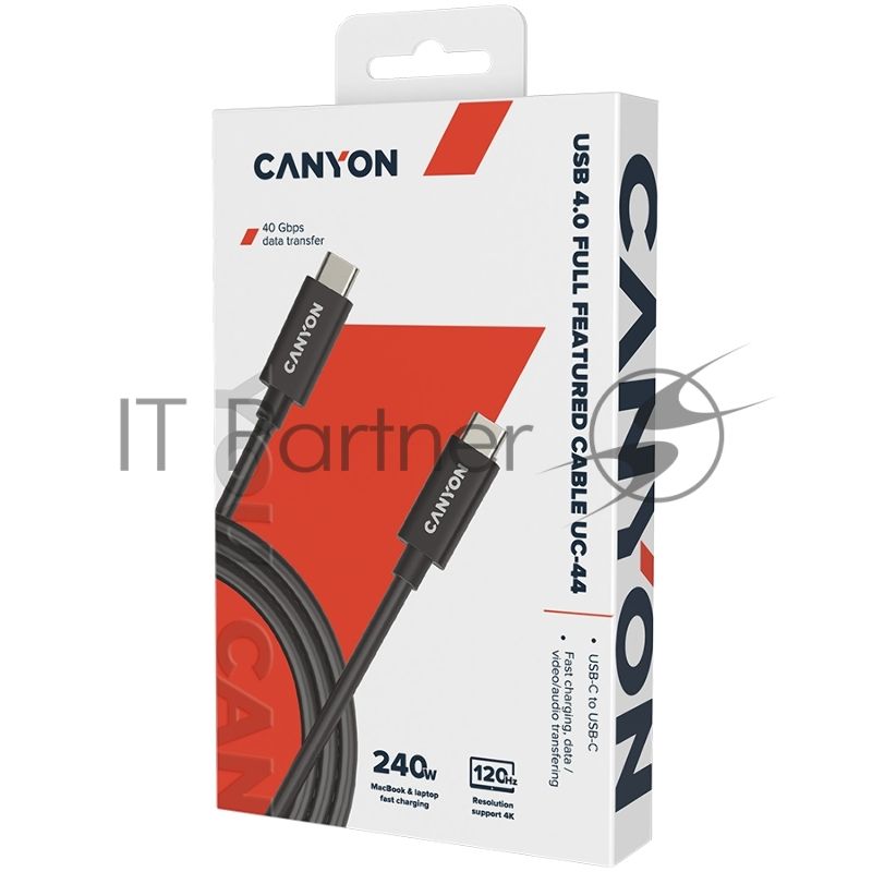 Кабель CANYON, U4-CC-5A1M-E, USB4 TYPE-C to TYPE-C cable assembly 40G 1m 5A 240W(ERP) with E-MARK, CE, ROHS, черный
