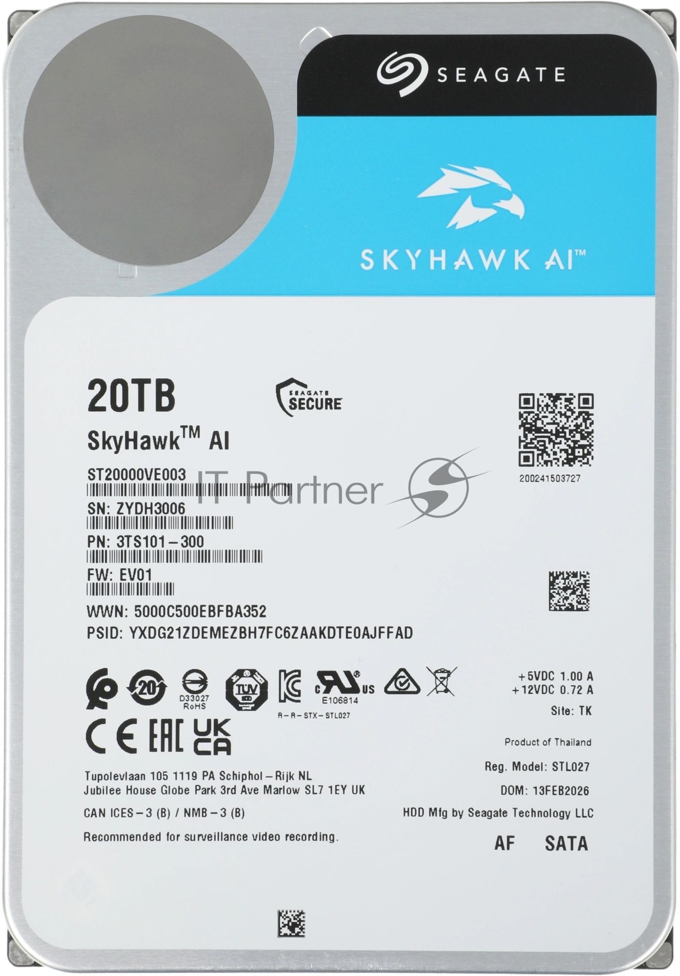 Жесткий диск HDD Seagate SkyHawk AI 20Tb 7200rpm SATA 512Mb 3.5"