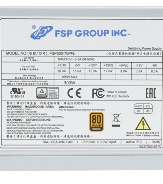Серверный блок питания FSP FSP300-70PFL(SK), 300Вт, 80+ Bronze, 80мм, ATX, серый