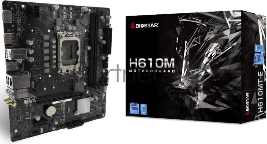 Материнская плата Biostar H610MT-E, LGA1700, Intel H610, 2xDDR4, 4xSATA 6Gb/s, 1xM.2 PCI-E, 1xPCIe 4.0 x16, 1xPCIe 3.0 x1, 1xHDMI, 1xDisplayPort, 1x 1Gb LAN, 4xUSB 2.0, 1xUSB 3.2 Gen 1, 3x3.5 мм, 7.1, microATX