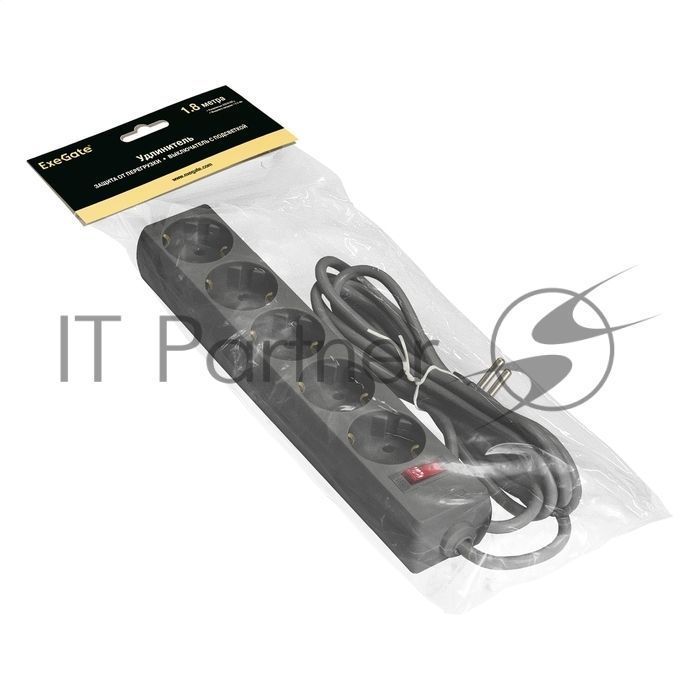 Удлинитель ExeGate EC-5-1.8B (EX279355RUS), черный, 1,8 м, евровилка с заземлением, 5 евророзеток с заземлением, 2200 Вт