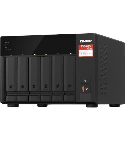 Сетевое хранилище без дисков SMB QNAP TVS-675-8G NAS, 6-tray w/o HDD, 2xM.2 SSD Slot, 1xHDMI-port. CPU 8-сore 64-bit x86 KX-U6580 2.5 GHz, 8GB DDR4 (1 x 8GB) up to 64GB (2 x 32GB), 2x 2.5 Gigabit LAN