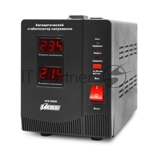 Стабилизатор напряжения Powerman AVS-D Voltage Regulator 2000VA, Digital Indication, 2x Schuko Outlets, 1m Power Cord, 230V, 1 year warranty, черный