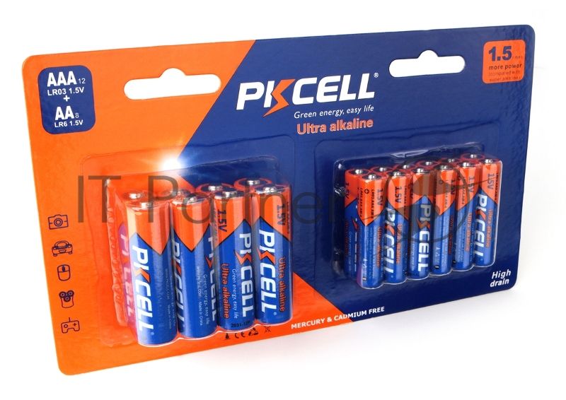Щелочной/алкалиновый элемент питания PKCELL LR03(12)+LR6(8) тип - AAА 12 шт + АА 8 шт в блистере