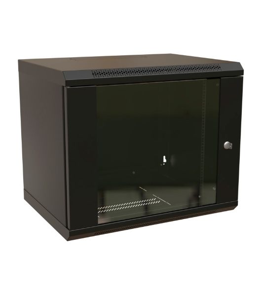 Шкаф коммутационный WRline (WR-TW-1245-GP-RAL9004) настенный 12U 600x450 мм пер. дв. стекл 2 бок. пан. 60 кг черный 370 мм 650 мм IP20 сталь