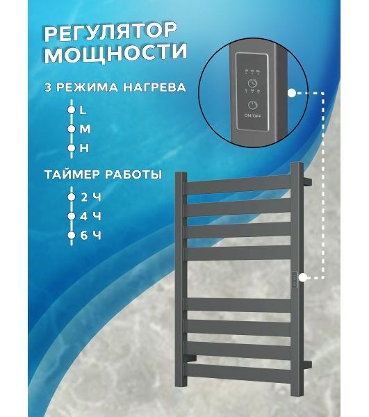 Полотенцесушитель дизайнерский электрический, профильный BAU Elite Gun Grey 50х80, 8 планок, универс