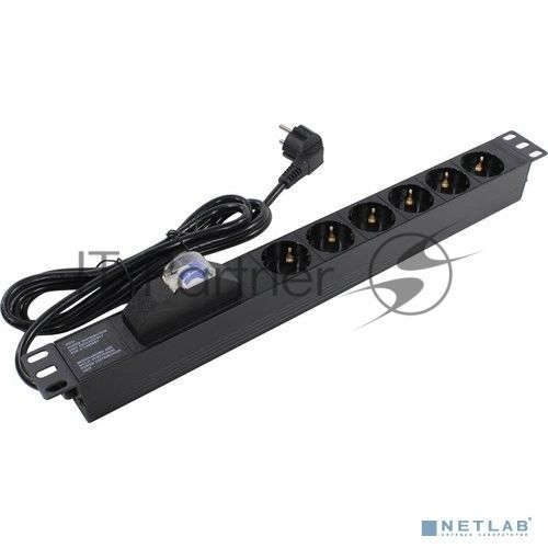 Блок розеток горизонтальный ExeGate ServerPro PDU-19H610 Al-6S-EU2.5-1P, 19", 1U, Алюминий, 6 Schuko, кабель с евровилкой VDE-250V-16A-3*1.5мм2, 2.5 метра, защита от перегрузки, черный
