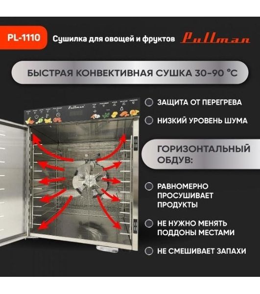 Сушилка для овощей и фруктов Pullman PL-1110, 10 уровней, 21 поддонов, 800 Вт