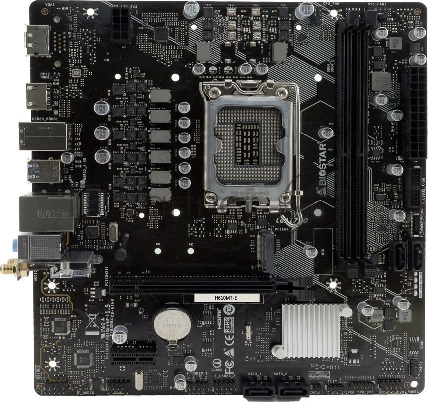 Материнская плата Biostar H610MT-E, LGA1700, Intel H610, 2xDDR4, 4xSATA 6Gb/s, 1xM.2 PCI-E, 1xPCIe 4.0 x16, 1xPCIe 3.0 x1, 1xHDMI, 1xDisplayPort, 1x 1Gb LAN, 4xUSB 2.0, 1xUSB 3.2 Gen 1, 3x3.5 мм, 7.1, microATX