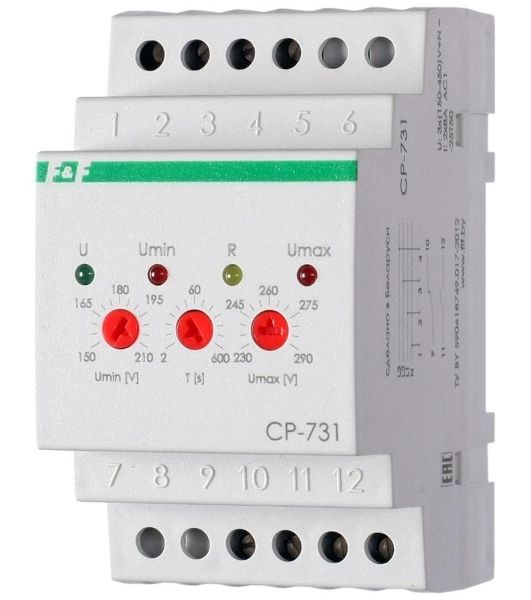 Реле напряжения CP-731 (трехфазный; микропроцессорный; контроль верхнего и нижнего значений напряжения; контроль ассиметрии; чередования фаз; монтаж на DIN-рейке 35мм 3х400/230+N 2х8А 1Z 1R IP20) F&F EA04.009.005