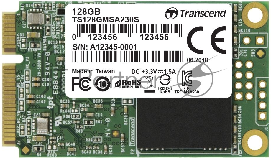 Накопитель SSD mSATA Transcend 128Gb MSA230S <TS128GMSA230S> (SATA3, up to 550/400Mbs, 3D TLC)