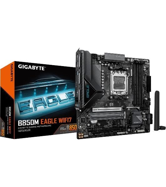Материнская плата Gigabyte B850M EAGLE WIFI7, AM5, AMD B850, 4xDDR5, 4xSATA, 2xM.2, 1xPCIe 5.0 x16, 1xPCIe 3.0 x16, 1xHDMI, 2xDP, 1x2.5Gb LAN, Wi-Fi 7, Bluetooth 5.4, 1xUSB-C 10Gbps, 1xUSB-A 10Gbps, 2xUSB-A 5Gbps, 4xUSB-A 2.0, 1xPS/2, 3x3.5 мм, 7.1, mATX
