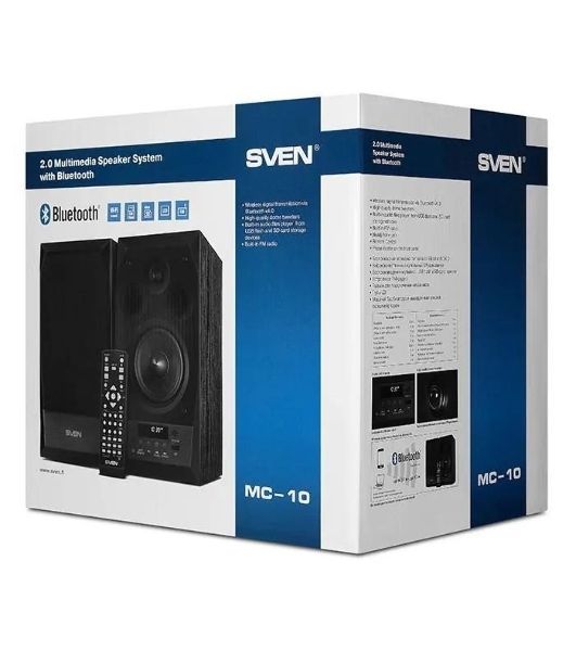 Акустическая система 2.0 SVEN MC-10, чёрный, мощность 2x25Вт (RMS), FM-тюнер, USB/microSD, дисплей, пульт ДУ, Bluetooth SVEN MC-10, чёрный, акустическая система 2.0, мощность 2x25Вт (RMS), FM-тюнер, USB/microSD, дисплей, пульт ДУ, Bluetooth
