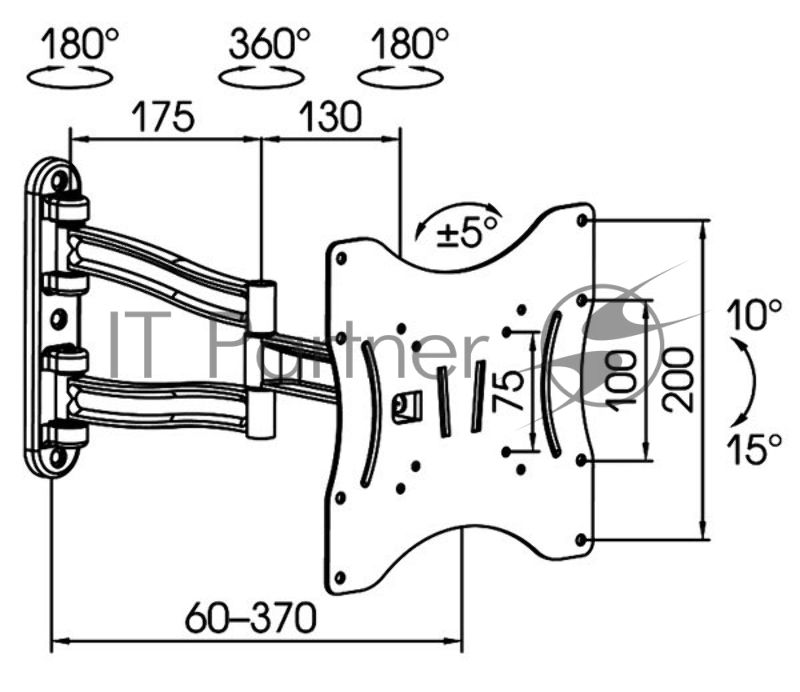 Кронштейн для телевизора Kromax TECHNO-3 серый 15"-40" макс.20кг настенный поворотно-выдвижной и наклонный