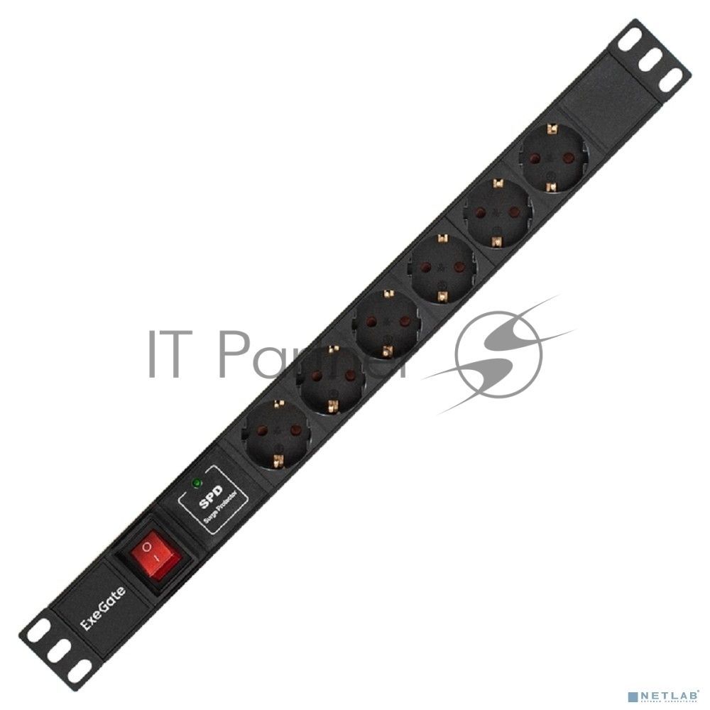 Блок розеток горизонтальный ExeGate ServerPro PDU-19H609 Al-6S-C14-2, 19", 1U, Алюминий, 6 Schuko, кабель с вилкой C14 VDE-250V-10A-3*1.0мм2, 2 метра, выкл. с подсветкой, SPD1, черный