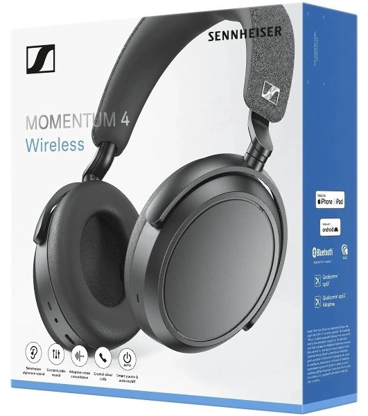 Беспроводные/проводные наушники Sennheiser Momentum 4 Wireless черный, полноразмерные, Bluetooth + Jack 3.5 мм, активное шумоподавление, до 60 ч