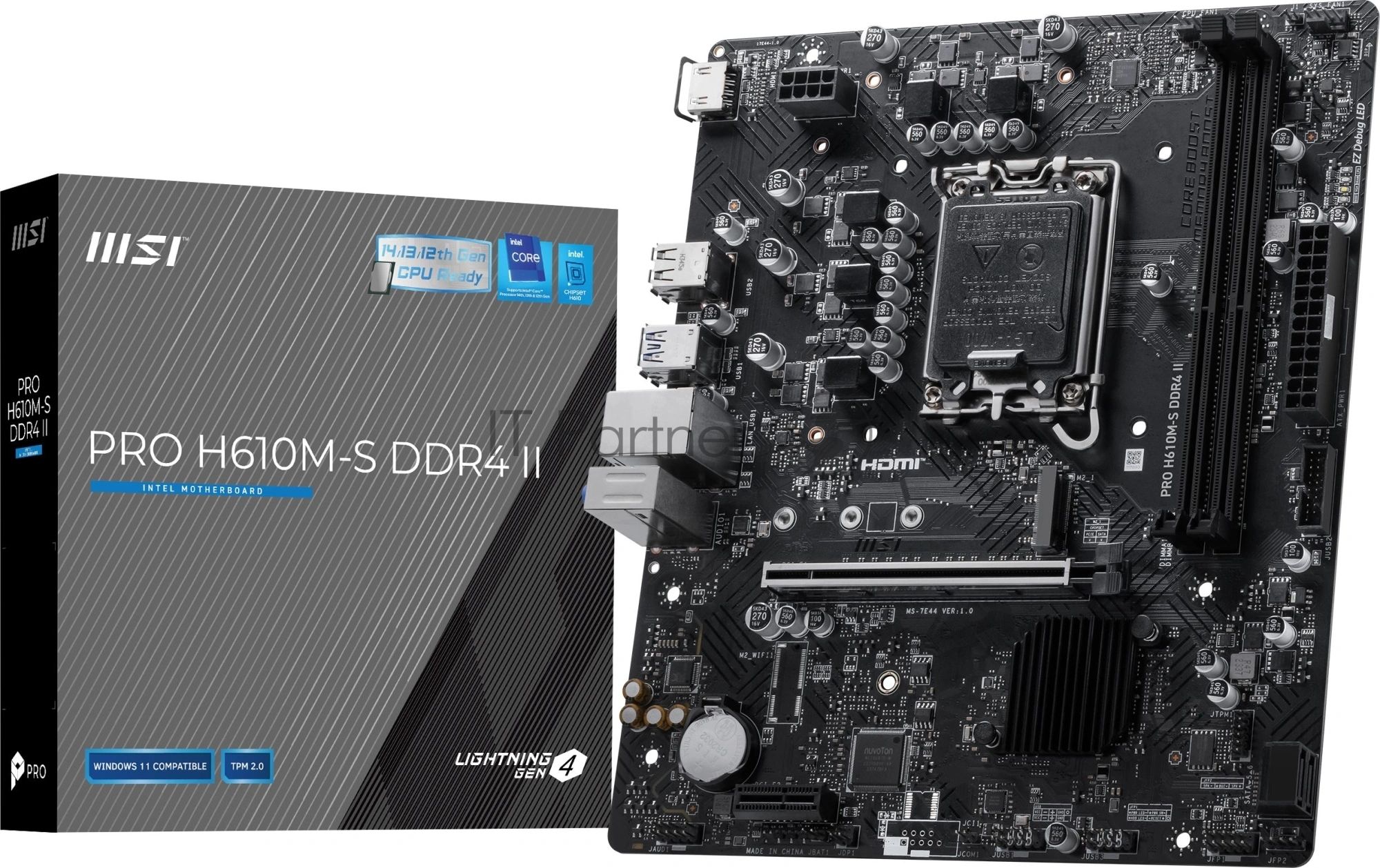 Материнская плата MSI PRO H610M-S DDR4 II, LGA1700, Intel H610, 2xDDR4, 2xSATA, 1xM.2 PCIe 3.0, 1xPCIe 4.0 x16, 1xPCIe 3.0 x1, 1xHDMI, 1x 1Gb LAN, 2xUSB 3.2 Gen1, 4xUSB 2.0, 3x3.5 мм, 7.1, microATX