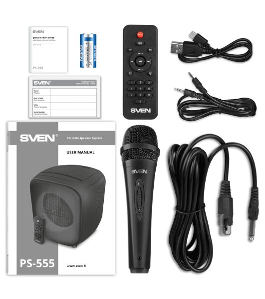 Портативная колонка SVEN PS-555, черный, 65 Вт (RMS), Bluetooth, USB, microSD, пульт