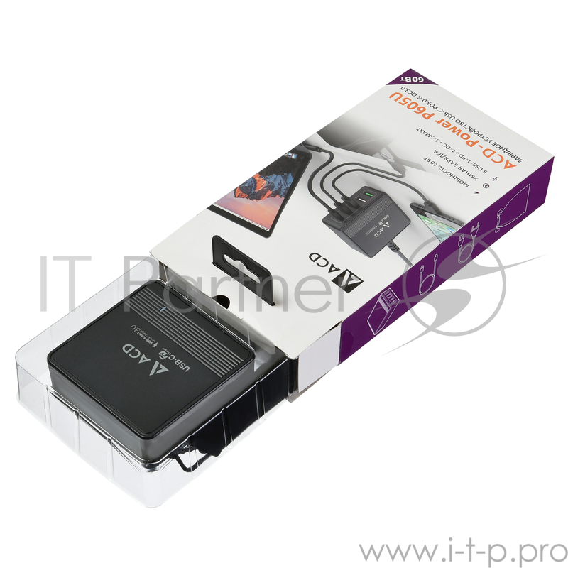 Сетевое зарядное устройство ACD-P605U-V1B 60Вт, 5xUSB 1PD+1QC+3Smart, 3.6~20В/3А RTL