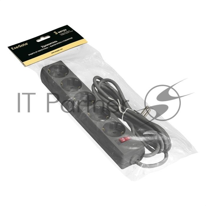 Удлинитель ExeGate EC-5-3B (EX279357RUS), черный, 3 м, 	евровилка с заземлением, 5 евророзеток с заземлением, 2200 Вт