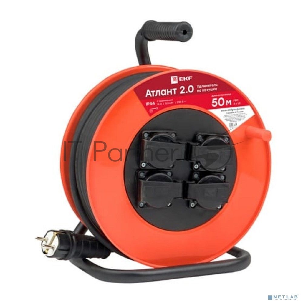 Удлинитель на катушке EKF UKA02-16-315-4-50-IP44 "Атлант 2.0" 4 гнезда 50м с заземлением  ПВС 3*1,5  16А/3,5кВт IP44 PROxima EKF