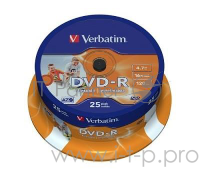 Диск DVD-R Verbatim 4.7Gb 16x Cake Box (25шт) Printable (43538)