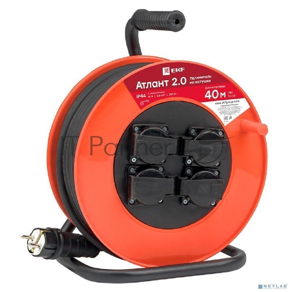 Удлинитель на катушке EKF UKA02-16-315-4-40-IP44  "Атлант 2.0" 4 гнезда 40м с заземлением  ПВС 3*1,5  16А/3,5кВт IP44 PROxima EKF