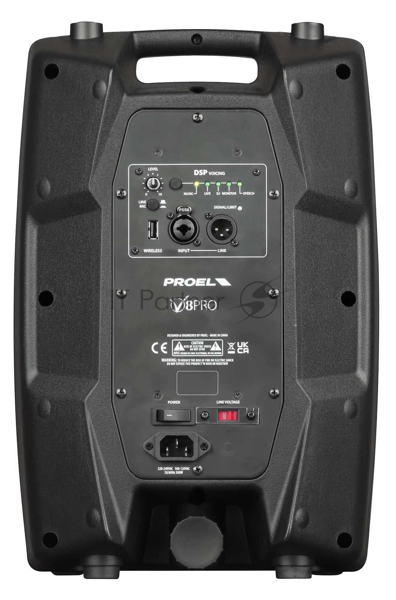Активная акустическая система PROEL V8PRO 2-х полосная, НЧ динамик 8", ВЧ динамик 1", DSP, мощность пик./ном. 600/300 Вт, АЧХ 70-20000 Гц, макс. SPL 122 дБ, Combo XLR/TRS мик./лин. вход, XLR лин. выход, USB-A порт для радиосистем U24B/U24H