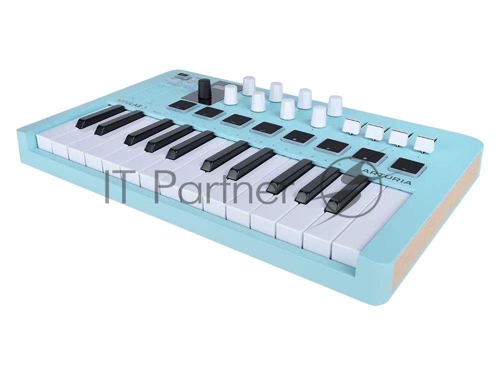 Клавиатура MIDI 231599 Arturia MiniLAB 3 Aquamarine 25 клавиш, 8 энкодеров, 8 RGB пэдов, 8 фейдеров, дисплей, сенсорные регуляторы Pitch/Modulation, MIDI-выход, 1/4" Jack вход педали, режим Chord, арпеджиатор, USB-C
