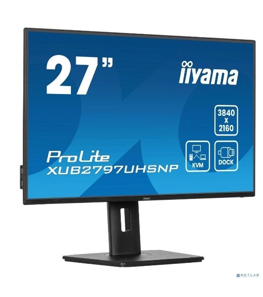 Монитор 27" Iiyama ProLite XUB2797UHSNP-B1 IPS 3840x2160, 60 Гц, 4 мс, 16:9, 350 кд/м², HDMI 2.0, DP 1.2, 3.5 Jack, USB-C (96 Вт), USB Hub (3x USB 3.0), Ethernet, динамики (2x2 Вт), черный