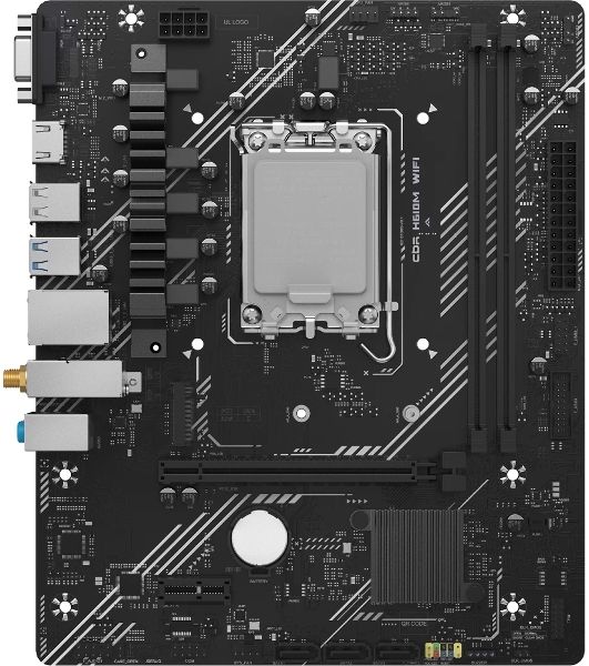 Материнская плата CBR H610M WiFi, LGA 1700, Intel H610, 2xDDR5, 3xSATA, 1xM.2, 1xPCIe 4.0 x16, 1xPCIe x1, 1xVGA, 1xHDMI, 1x1Gb LAN, Wi-Fi 6, Bluetooth 5.2, 2xUSB-A 5Gbps, 4xUSB-A 2.0, 3x3.5 мм, 7.1, mATX