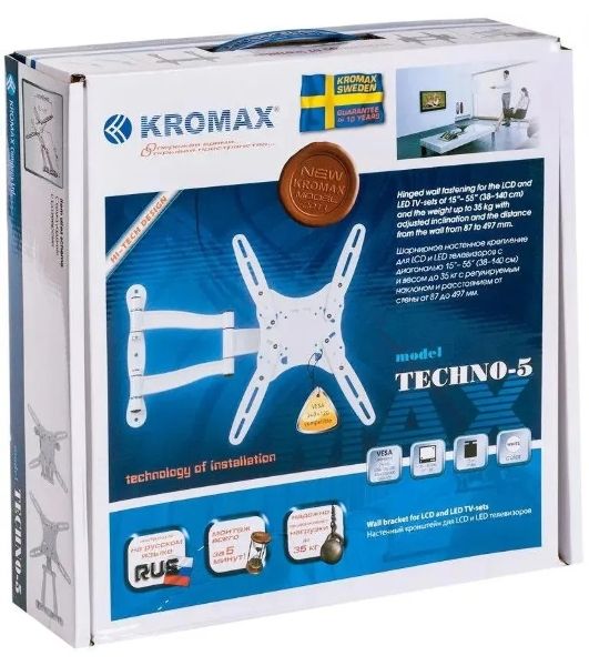 Кронштейн для телевизора Kromax TECHNO-5 белый, 15"-55" макс. 35 кг, настенный, поворот и наклон