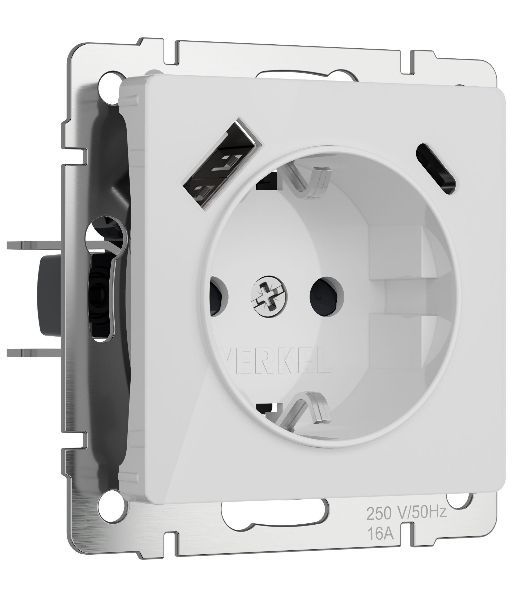 Розетка с заземлением, шторками и USB тип A+C (белый акрил)