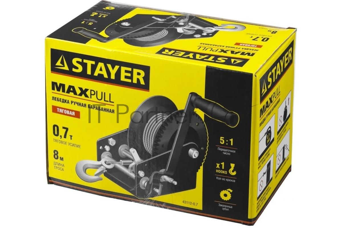 Лебедка механическая STAYER "MASTER" 43112-0.7  ручная барабанная тяговая тросовая 0.7т 8м