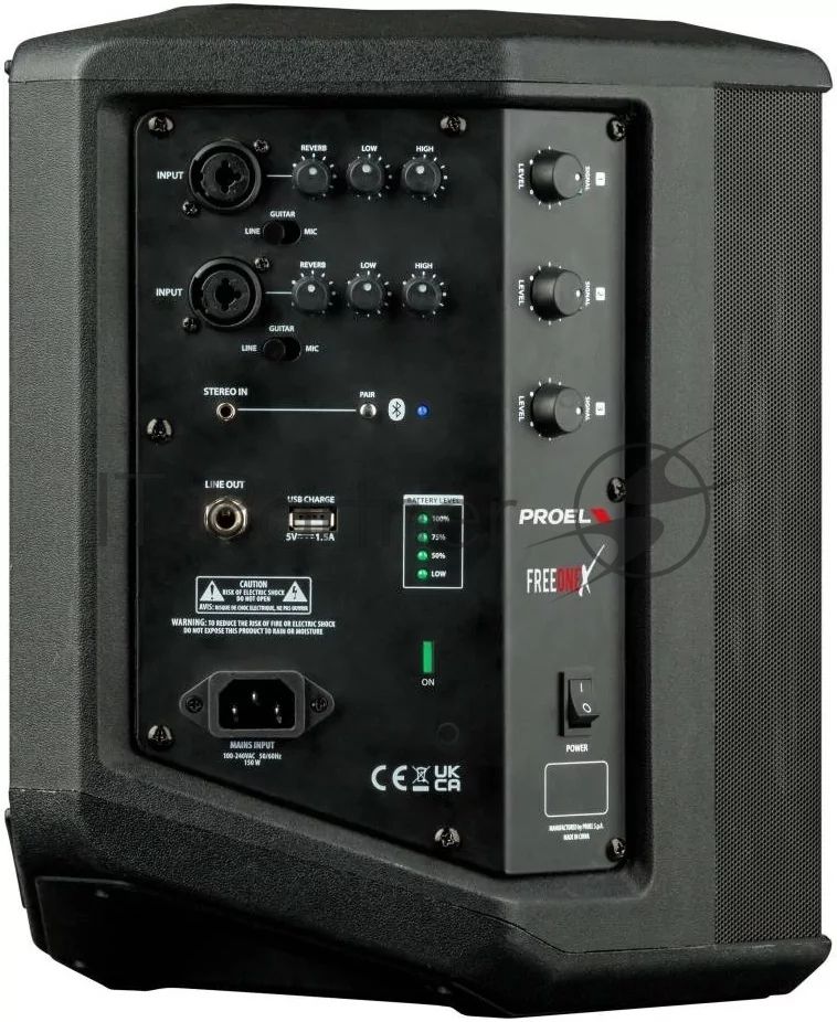 Активная акустическая система PROEL FREEONEX 2-х полосная, НЧ динамик 6", ВЧ динамик 3x2", мощность пик. 400 Вт, мощность ном. ВЧ/НЧ 50/150 Вт, АЧХ 60-18000 Гц, макс. SPL 115 дБ, 2x Combo XLR/TRS входа, 1/8" лин. вход, 1/4" TRS выход, Bluetooth, USB-A,