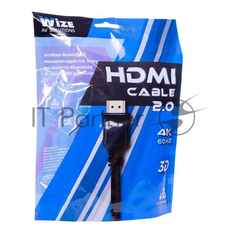 Кабель HDMI C-HM-HM-5M Wize, 5 м, v.2.0, 19M/19M, позол.разъемы, экран, черный, пакет