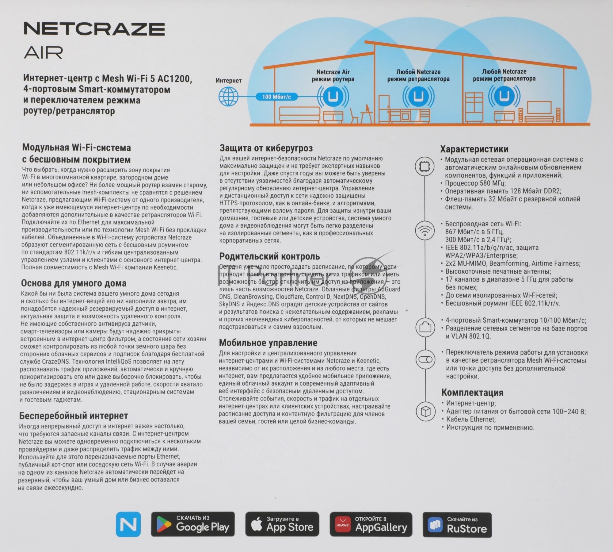 Интернет-центр Netcraze Air (NC-1613) с Mesh Wi-Fi 5 AC1200, 4-портовым Smart-коммутатором и переключателем режима роутер/ретранслятор
