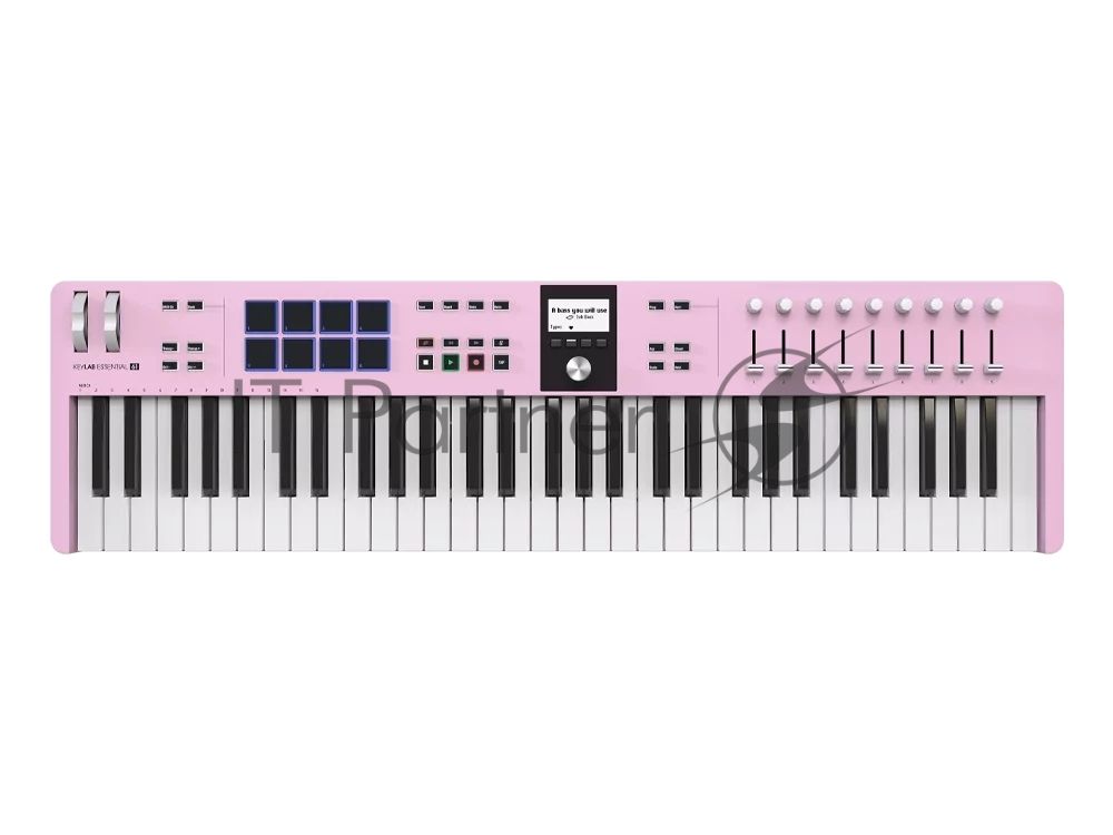 Клавиатура MIDI 231535 Arturia KeyLab Essential 61 mk3 Rose Quartz 61 клавиша, LCD дисплей, 9 энкодеров, 8 пэдов, 9 фейдеров, 12 кнопок управления, колеса высоты тона и модуляции, 1/4" Jack вход для педали, MIDI выход, Type-C
