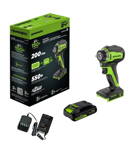 Гайковерт ударный аккумуляторный Greenworks G24IW200 24V, 200 Нм, бесщеточный, 3/8'', 1х2Ач,ЗУ,кор 3803607CUA