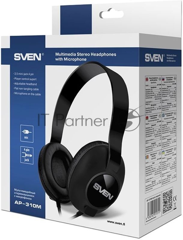 Проводные наушники SVEN AP-310M черный, накладные, Jack 3.5 мм, встроенный микрофон