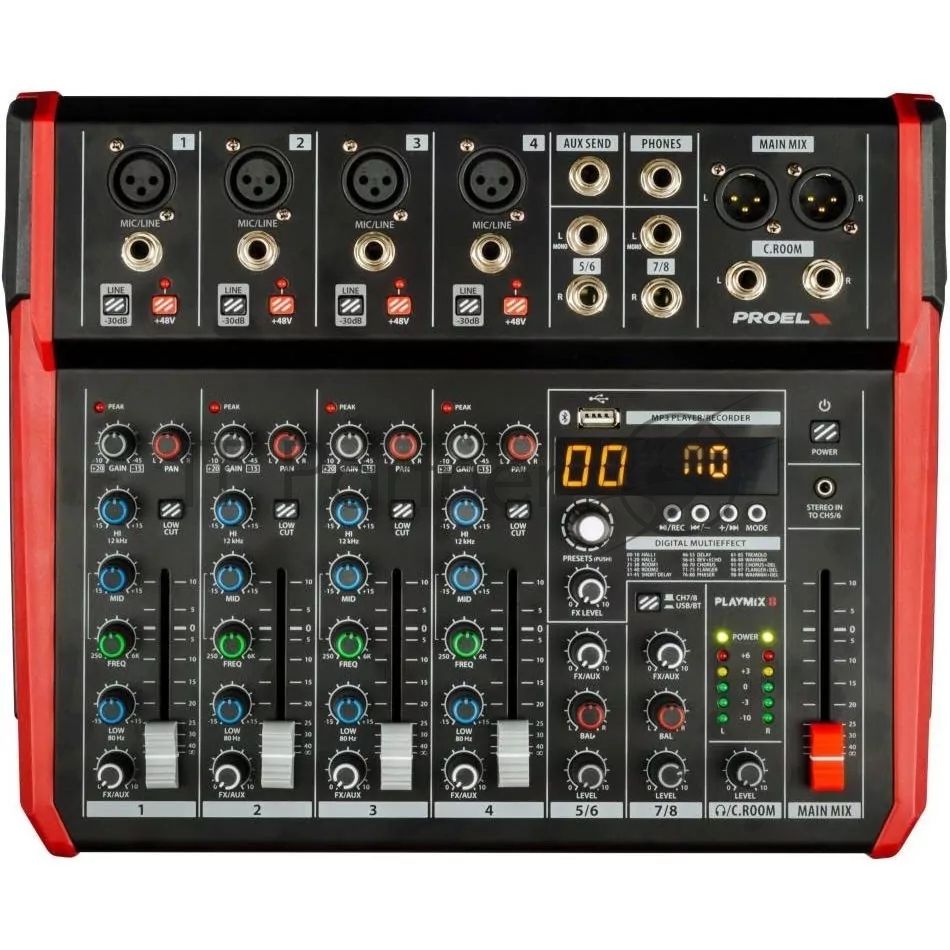 Микшерный пульт PROEL PLAYMIX8 8-ми канальный, 24 бит/48 кГц DSP, Bluetooth, медиа-плеер, 4x XLR+1/4" TRS микр./лин. входа, 2х 1/4" TRS (L/R) стерео лин. входа, 2x XLR Main вых., 2x 1/4" TRS вых. для мониторов, USB аудио интерфейс, 2x USB-A порта