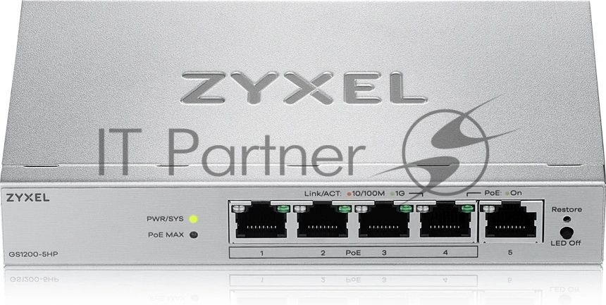 Коммутатор ZYXEL GS1200-5HPV3-EU0101F, 5×1 Гбит/с, 4×PoE+, 68 Вт, управляемый